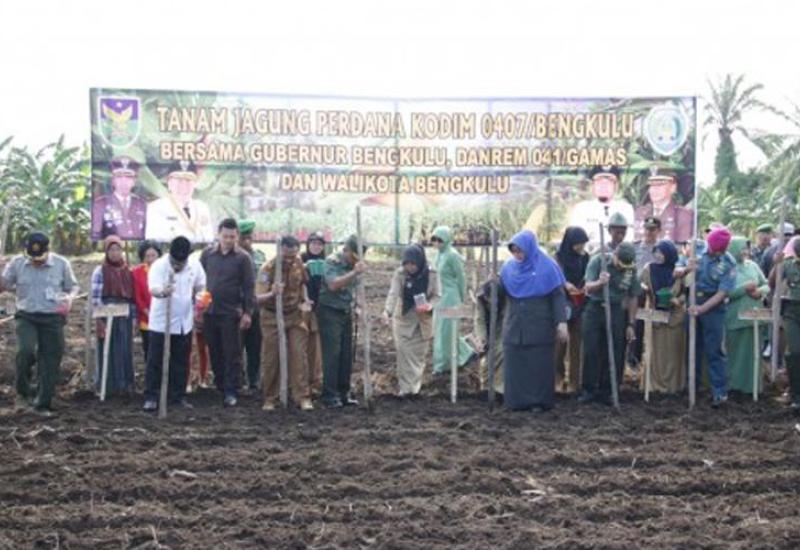 Walikota Bengkulu saat Gerakan Tanam Jagung Hibrida bersama pemerintah provinsi, Danrem, Dandim, Lanal, Camat dan Lurah serta petani di Kelurahan Kandang Mas, Kecamatan Kampung Melayu.
